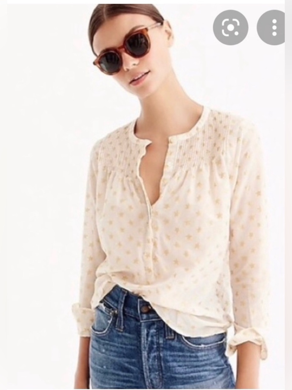 Light Cream Star Print Button-Front Women’s Blouse 14 Silk blend